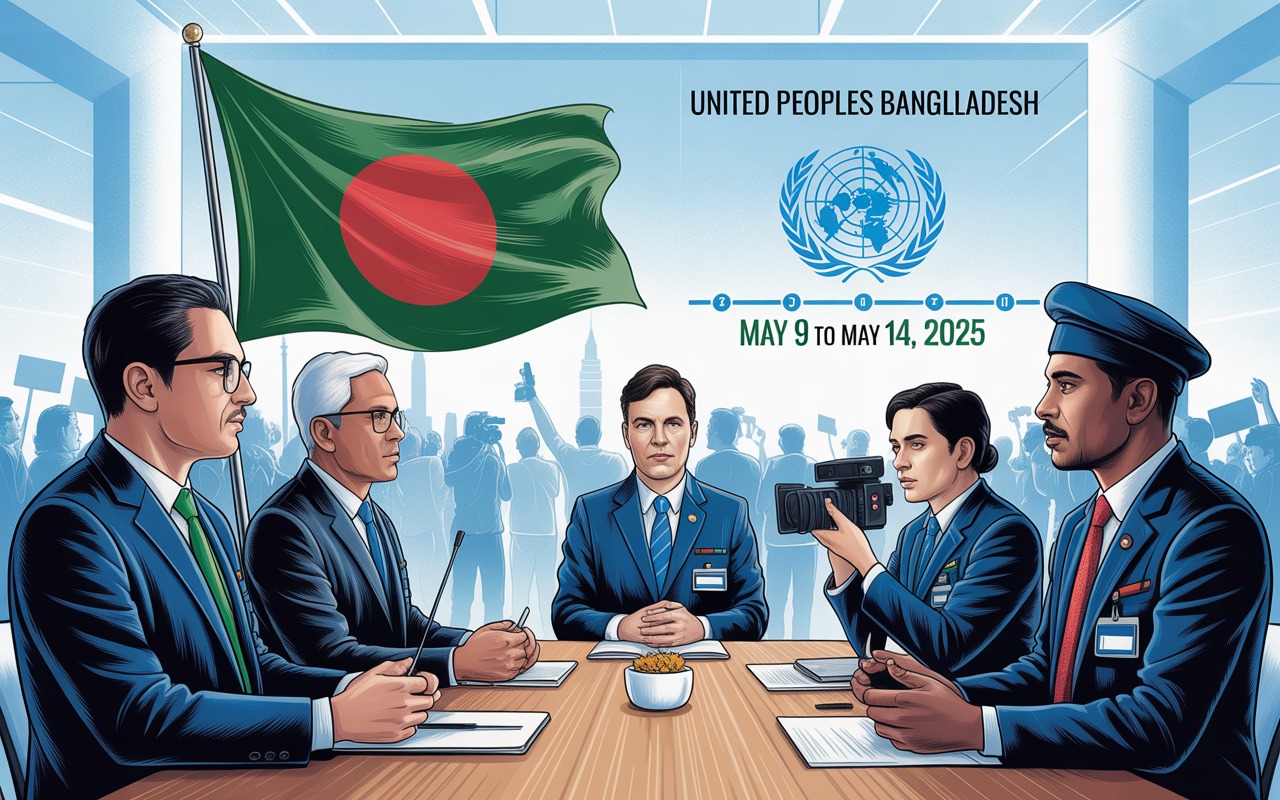 ইউনাইটেড পিপলস বাংলাদেশ নেতৃবৃন্দ জাতিসংঘ প্রতিনিধি দলের সঙ্গে বৈঠকে, রাজনৈতিক আলোচনা ও গণতন্ত্র সংস্কার নিয়ে আলোচনার দৃশ্য।