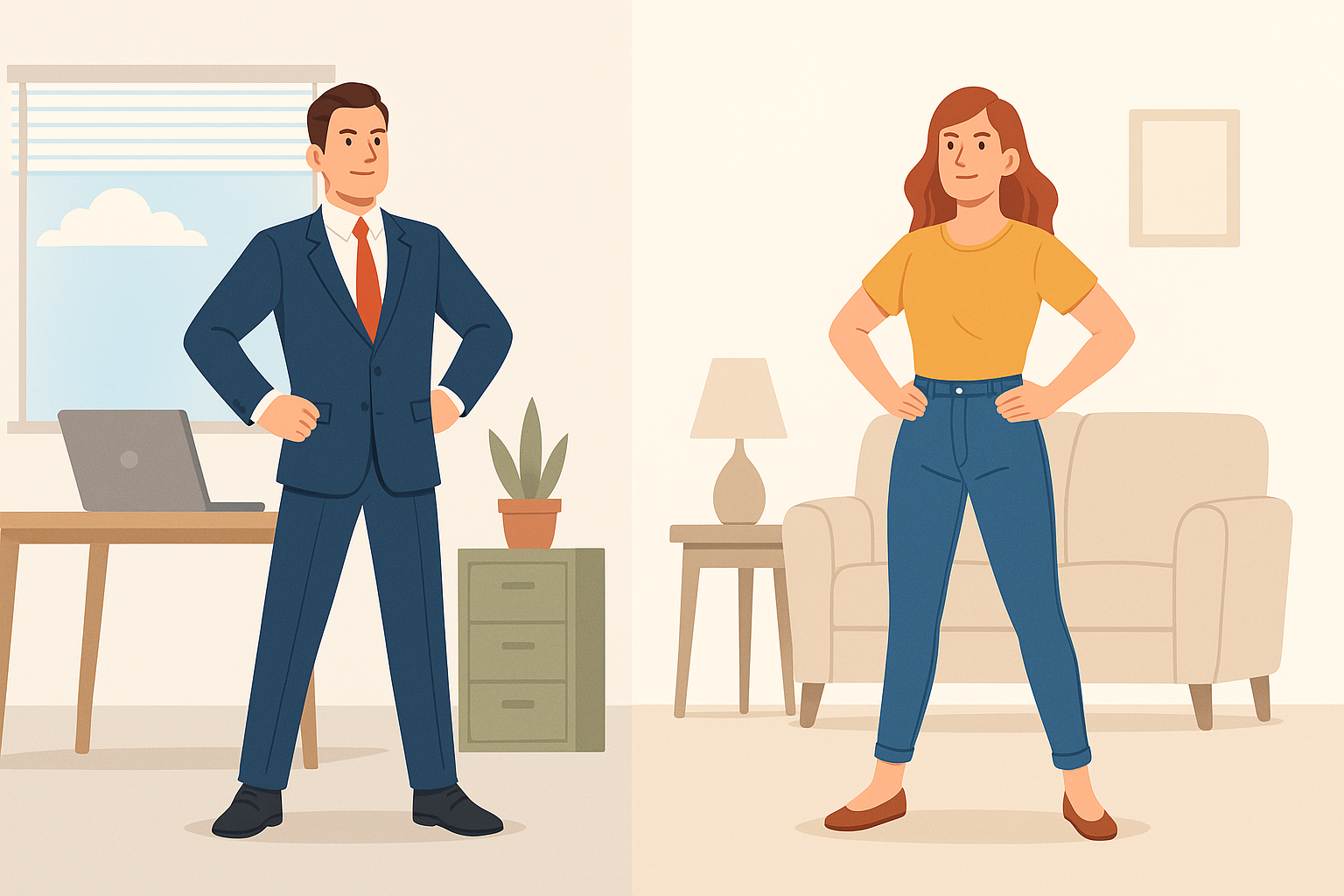Vector illustration of male and female showing power pose in corporate and casual settings, symbolizing confidence and positive body language posture.